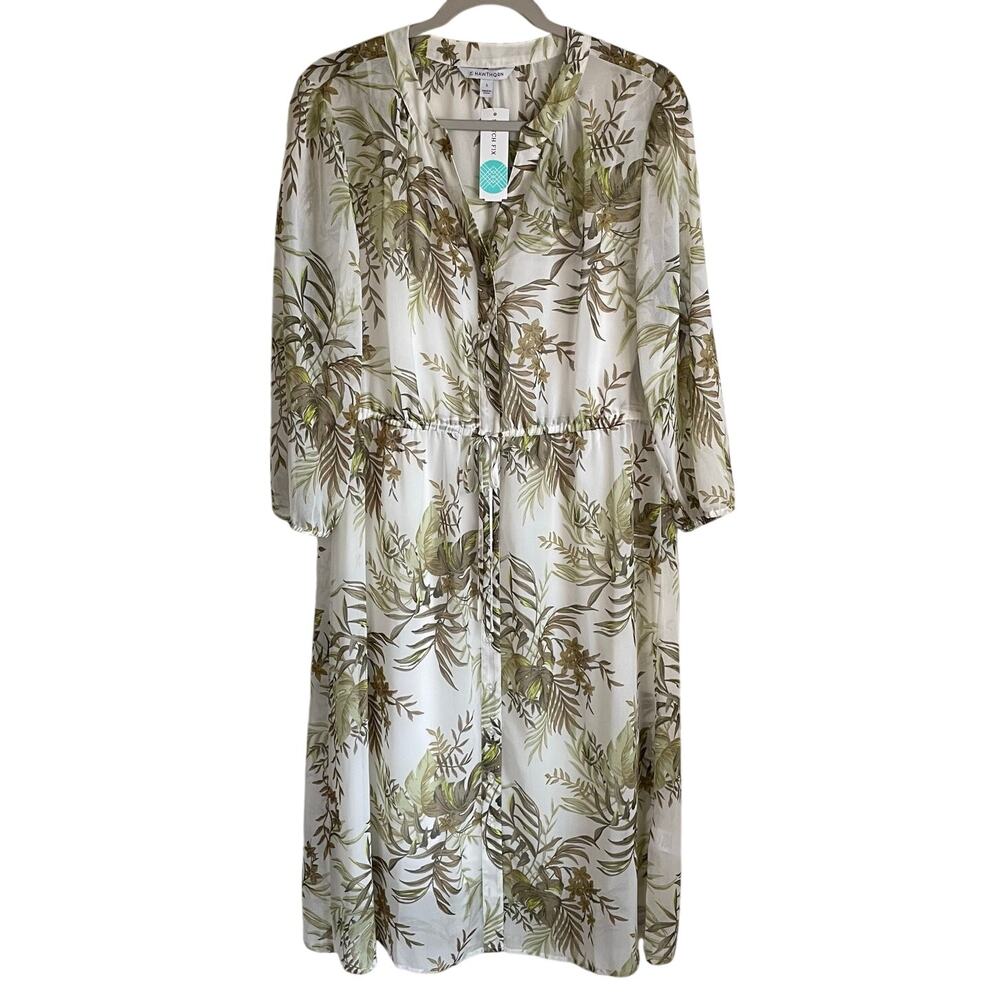 41 Hawthorn NWT Chiffon Midi Shirtdress Sz L Lined Tropical Leaf Feminine Career